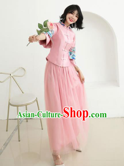 Chinese Traditional Embroidered Wedding Dress Cheongsam Ancient Bride Handmade Pink Xiuhe Suits Costumes for Women