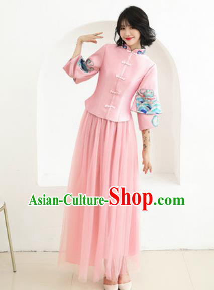 Chinese Traditional Embroidered Wedding Dress Cheongsam Ancient Bride Handmade Pink Xiuhe Suits Costumes for Women