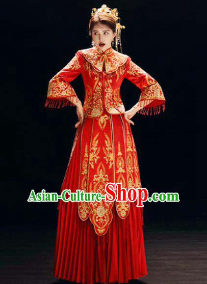 Chinese Traditional Embroidered Red Wedding Dress Cheongsam Ancient Bride Handmade Xiuhe Suits Costumes for Women