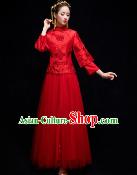 Chinese Traditional Wedding Dress Embroidered Red Cheongsam Ancient Bride Handmade Xiuhe Suits Costumes for Women