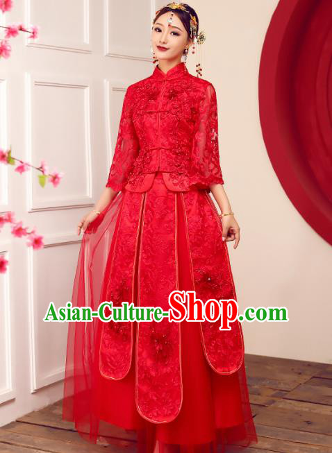 Chinese Traditional Wedding Dress Ancient Bride Embroidered Lace Xiuhe Suits Costumes for Women