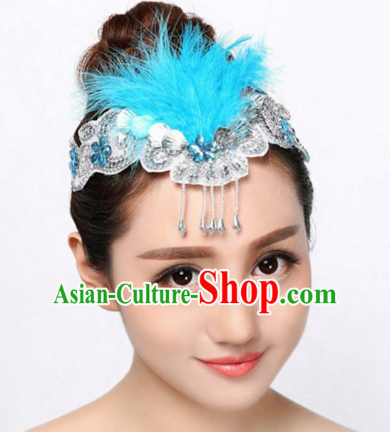 Chinese Traditional Folk Dance Hair Accessories Classical Dance Blue Feather Hair Clasp for Women