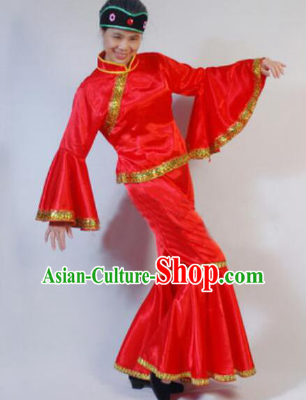 Chinese Traditional Folk Dance Costumes Yanko Dance Fan Dance Red Clothing for Women