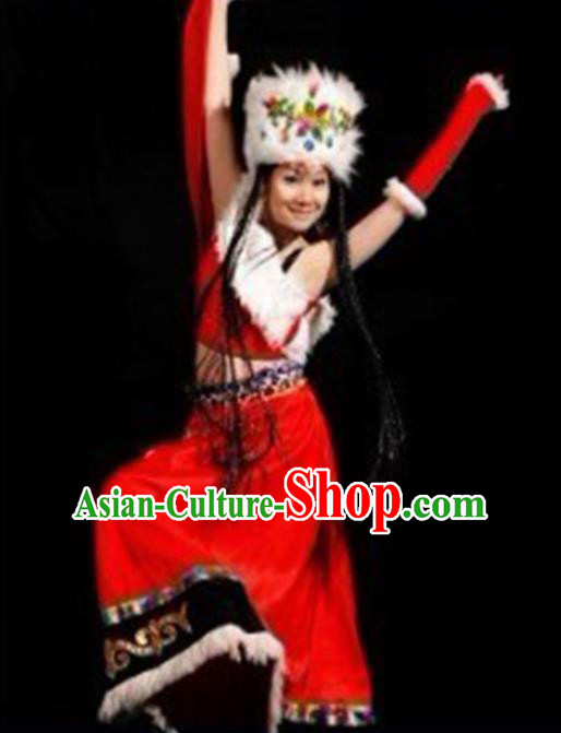 Chinese Traditional Folk Dance Costumes Zang Nationality Dance Red Clothing for Women