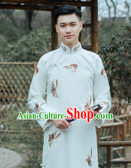 Traditional Chinese Republic Period Nobility Childe Costumes Ancient Drama Embroidered White Gown for Men