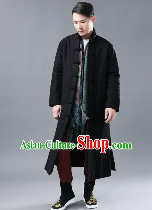 Chinese Traditional Costume Tang Suits National Mandarin Black Cotton Padded Long Coat for Men