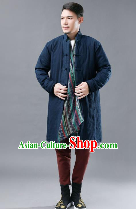 Chinese Traditional Costume Tang Suits Navy Cotton Padded Coat National Navy Mandarin Shirt for Men