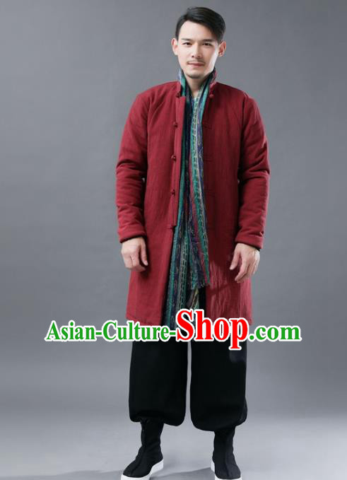 Chinese Traditional Costume Tang Suits Red Cotton Padded Coat National Navy Mandarin Shirt for Men