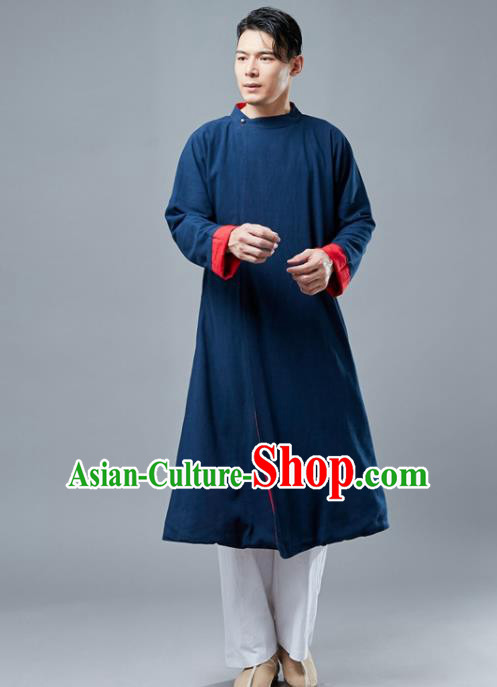 Chinese Traditional Costume Tang Suits Navy Gown National Mandarin Robe for Men