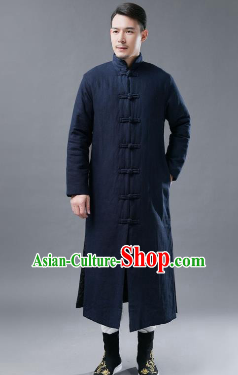 Chinese Traditional Costume Tang Suits National Mandarin Navy Cotton Padded Long Coat for Men