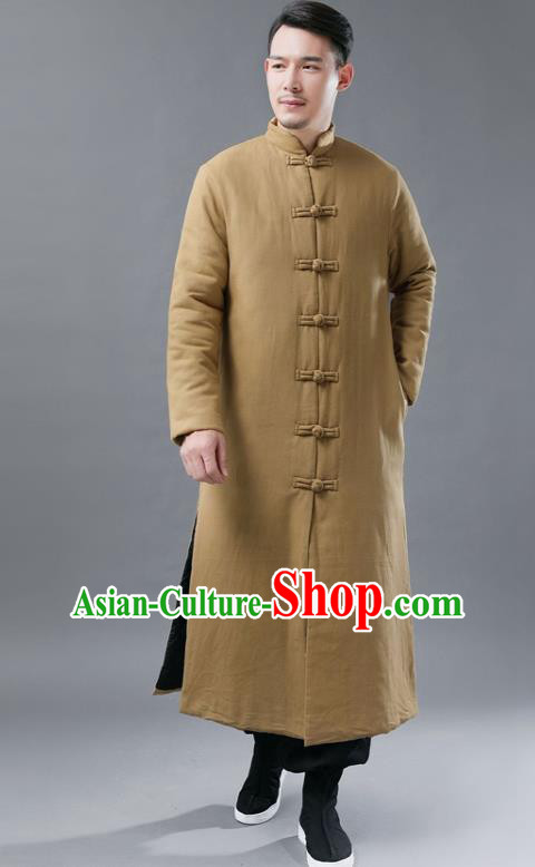 Chinese Traditional Costume Tang Suits National Mandarin Khaki Cotton Padded Long Coat for Men