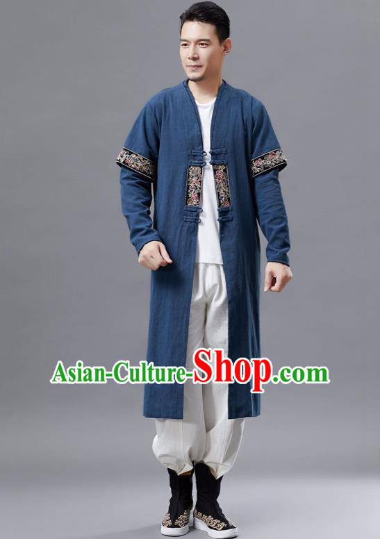 Chinese Traditional Costume Tang Suit Navy Dust Coat National Mandarin Gown for Men