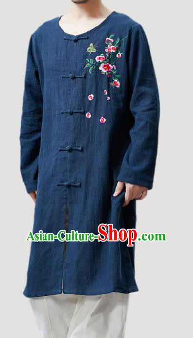 Chinese Traditional Costume Tang Suit Navy Coat National Mandarin Gown Outer Garment for Men