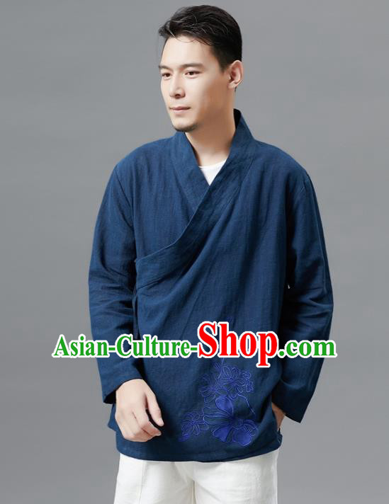 Chinese Traditional Costume Tang Suit Navy Shirts National Mandarin Outer Garment for Men