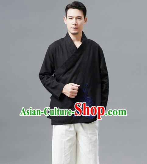 Chinese Traditional Costume Tang Suit Black Shirts National Mandarin Outer Garment for Men