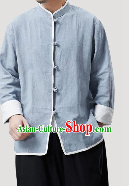 Chinese Traditional Costume Tang Suit Blue Shirts National Mandarin Outer Garment for Men