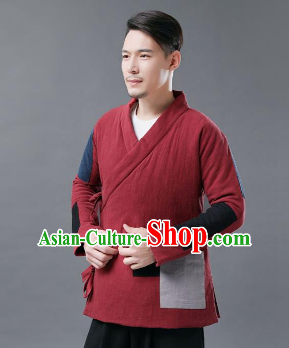 Chinese Traditional Costume Tang Suits Cotton Padded Jacket National Red Mandarin Shirt for Men