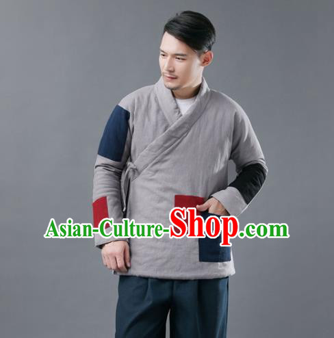 Chinese Traditional Costume Tang Suits Cotton Padded Jacket National Grey Mandarin Shirt for Men