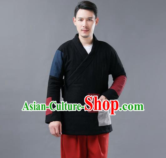 Chinese Traditional Costume Tang Suits Cotton Padded Jacket National Black Mandarin Shirt for Men