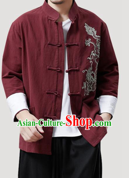 Chinese Traditional Costume Tang Suit Red Linen Shirts National Mandarin Outer Garment for Men