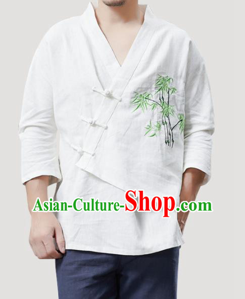 Chinese Traditional Costume Tang Suit Embroidered Bamboo White Shirts National Mandarin Outer Garment for Men