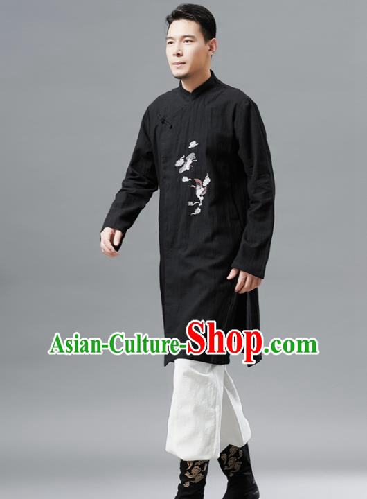 Chinese Traditional Costume Tang Suit Black Gown National Mandarin Outer Garment for Men