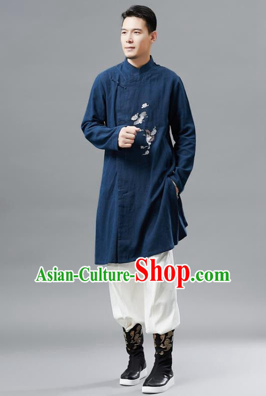 Chinese Traditional Costume Tang Suit Navy Gown National Mandarin Outer Garment for Men