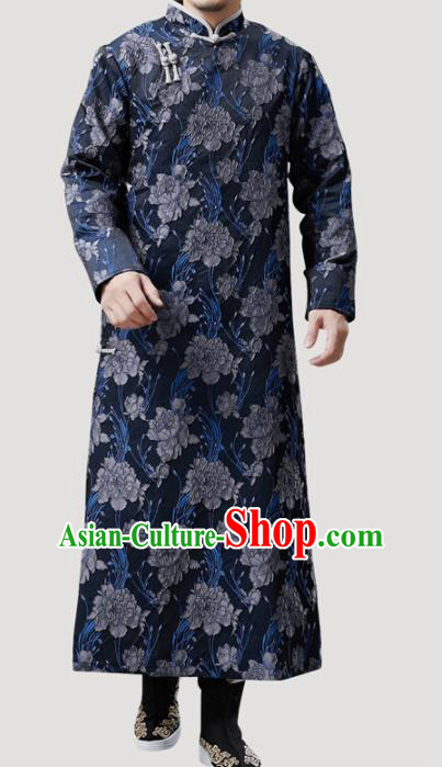 Chinese Traditional Costume Tang Suit Navy Gown National Mandarin Robe for Men