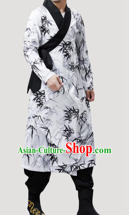 Chinese Traditional Costume Tang Suit Gown National Printing Bamboo White Mandarin Robe for Men