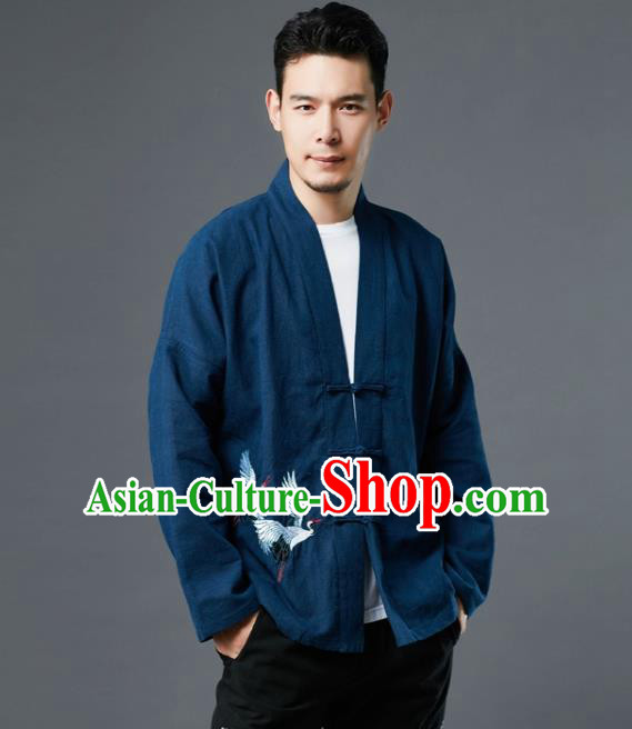 Chinese Traditional Costume Tang Suit Embroidered Cranes Navy Shirts National Mandarin Jacket for Men