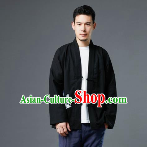 Chinese Traditional Costume Tang Suit Embroidered Cranes Black Shirts National Mandarin Jacket for Men