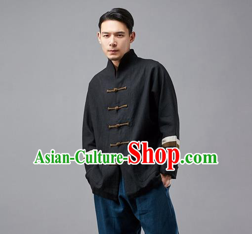 Chinese Traditional Costume Tang Suit Black Overcoat National Mandarin Jacket for Men