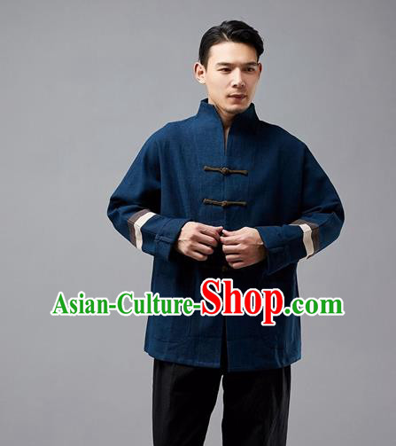 Chinese Traditional Costume Tang Suit Navy Overcoat National Mandarin Jacket for Men