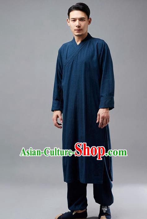 Chinese Traditional Costume Tang Suit Martial Arts Navy Robe National Mandarin Gown for Men