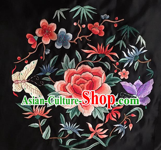 Chinese Traditional Embroidery Craft Embroidered Red Peony Butterfly Silk Patches Handmade Embroidering Accessories