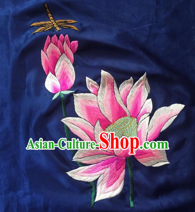 Chinese Traditional Embroidery Craft Embroidered Lotus Blue Silk Patches Handmade Embroidering Accessories