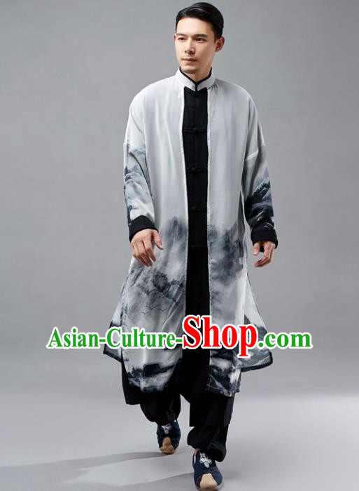 Chinese Traditional Costume Tang Suit Black Long Gown National Mandarin Robe for Men