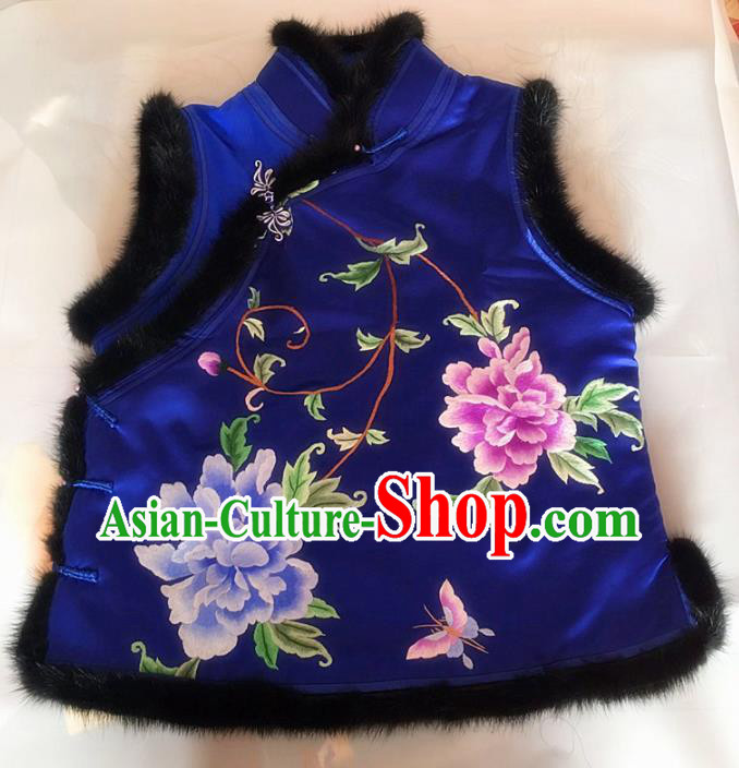Chinese Traditional Costume Tang Suit Embroidered Peony Royalblue Vest National Silk Waistcoat for Women