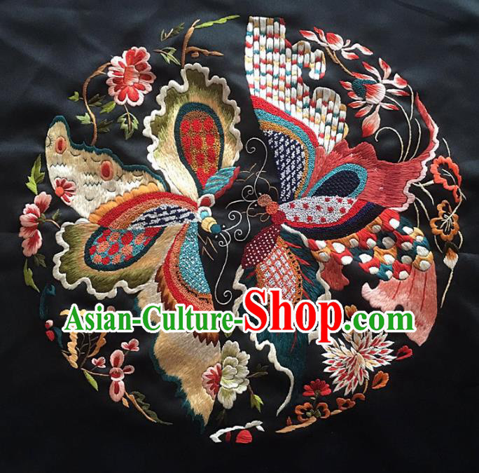 Chinese Traditional Embroidery Craft Embroidered Butterfly Black Silk Patches Handmade Embroidering Accessories