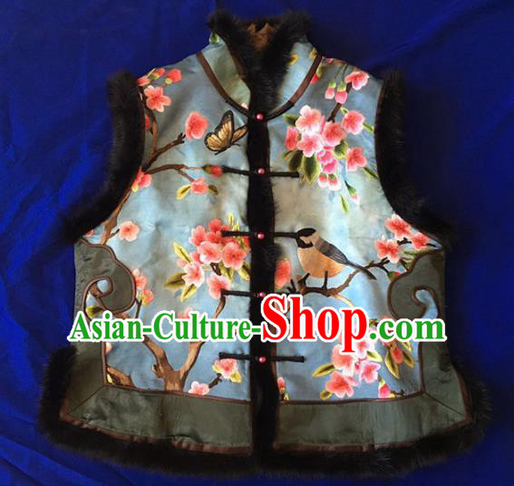 Chinese Traditional Costume Tang Suit Embroidered Blue Vest National Silk Waistcoat for Women