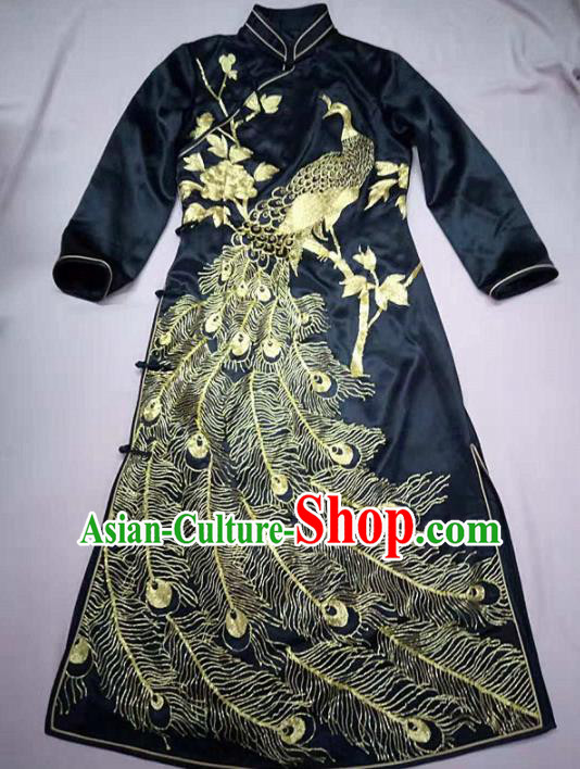 Chinese Traditional Costume Tang Suit Embroidered Cheongsam National Black Silk Qipao Dress for Women