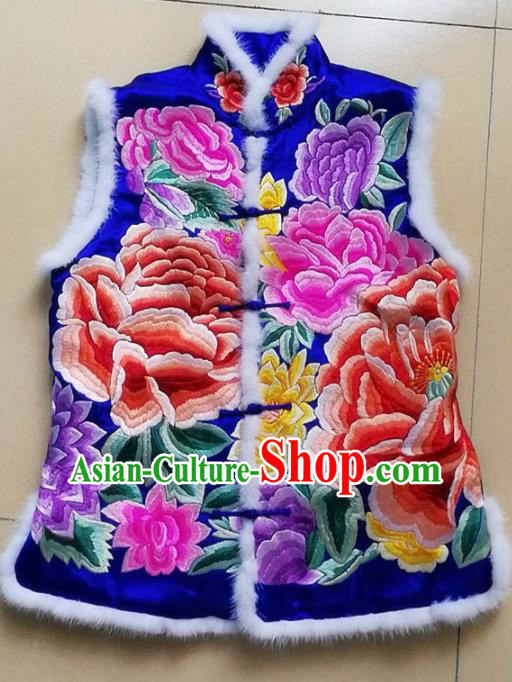 Chinese Traditional Costume Tang Suit Embroidered Peony Blue Vest National Silk Qipao Waistcoat for Women