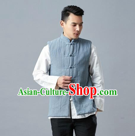 Chinese Traditional Costume Tang Suit Blue Vest National Mandarin Waistcoat for Men