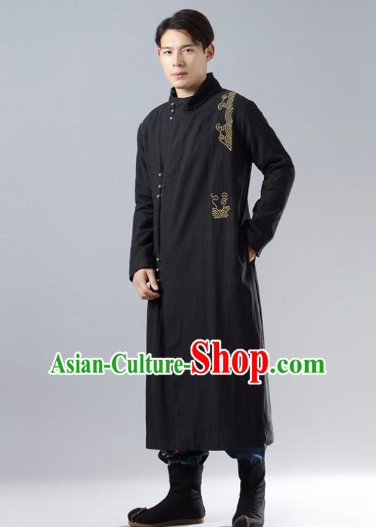 Chinese Traditional Costume Tang Suit Black Cotton Padded Robe National Mandarin Overcoat for Men