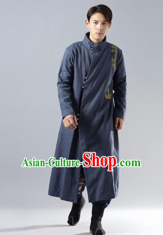 Chinese Traditional Costume Tang Suit Navy Cotton Padded Robe National Mandarin Overcoat for Men