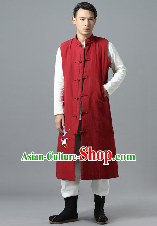 Chinese Traditional Costume Tang Suit Red Cotton Padded Vest National Mandarin Overcoat for Men