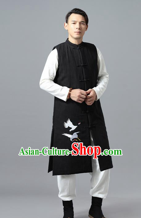 Chinese Traditional Costume Tang Suit Black Cotton Padded Vest National Mandarin Overcoat for Men