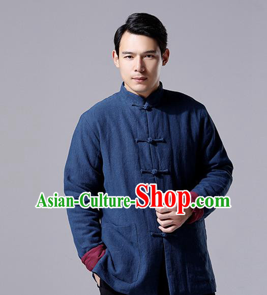 Chinese Traditional Costume Tang Suit Overcoat National Mandarin Navy Jacket for Men