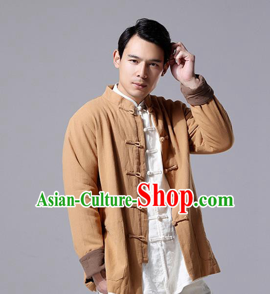 Chinese Traditional Costume Tang Suit Overcoat National Mandarin Khaki Jacket for Men