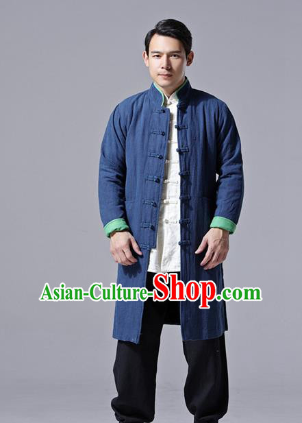 Chinese Traditional Costume Tang Suit Navy Overcoat National Mandarin Dust Coat for Men